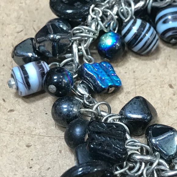 Black Blue Glass Beaded Bracelet Large Chunky Kinetic Statement iridescent charm - Picture 6 of 10